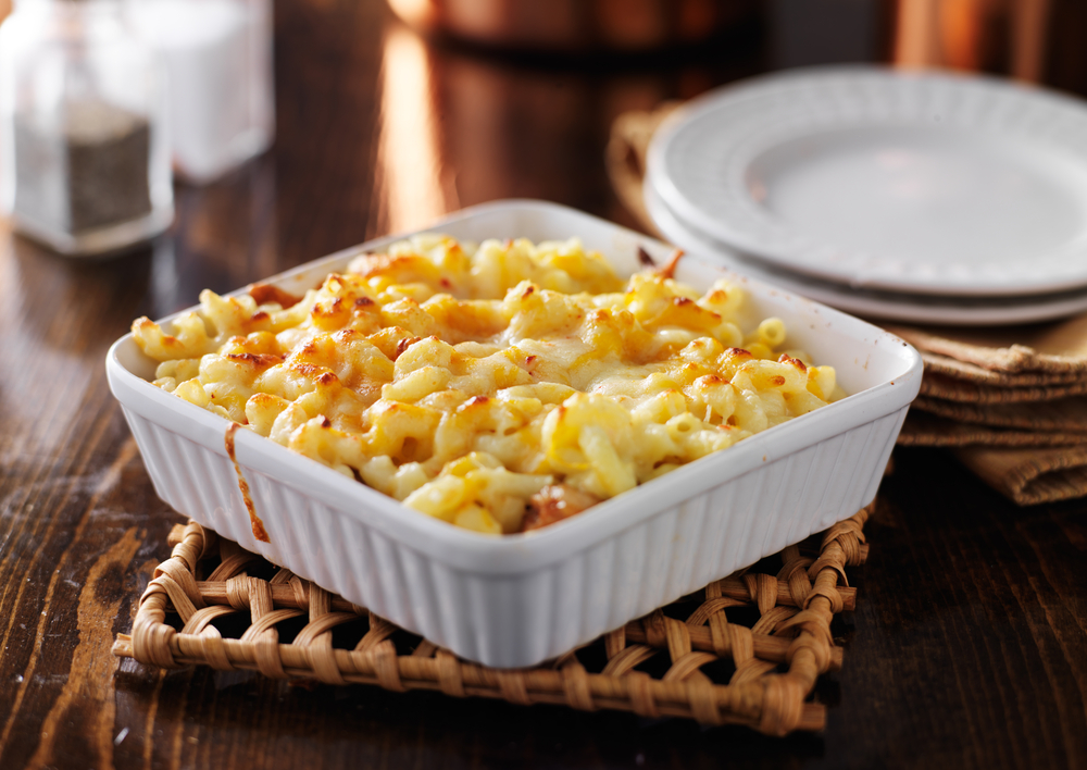 casserole dish with baked macaroni and cheese